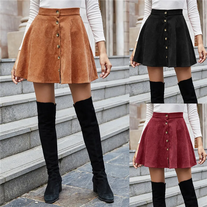 

hirigin Spring Autumn Women High Waist Buttoned A-Line Corduroy Skirts Fashion Ladies Casual Streetwear OL Mini Skirts S-XL