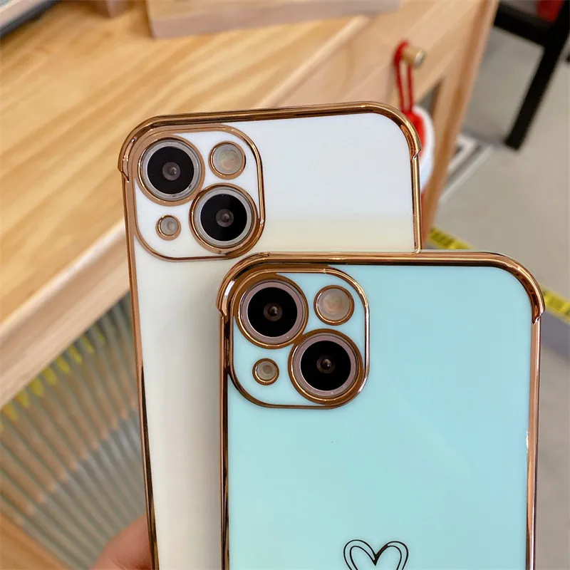 Electroplated Love Heart Phone Case For iPhone 14 13 12 11 Pro Max XR XS X 7 8 Plus SE 2020 Shockproof Protective Soft TPU Cover