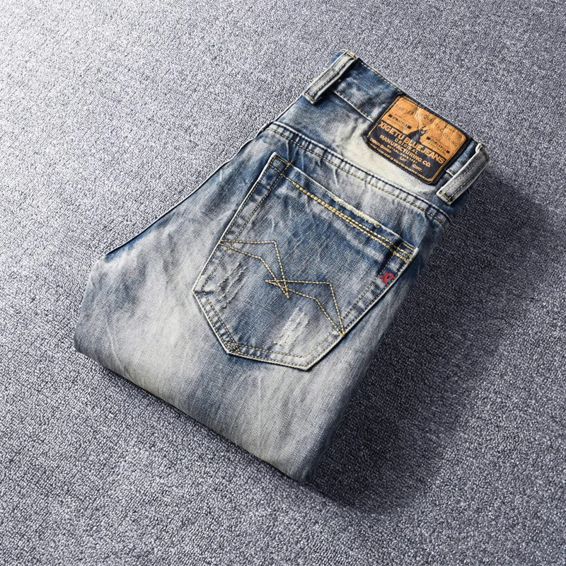 Newly Designer Fashion Men Jeans High Quality Retro Blue Destroyed Slim Fit Ripped Jeans Men Streetwear Vintage Denim Punk Pants