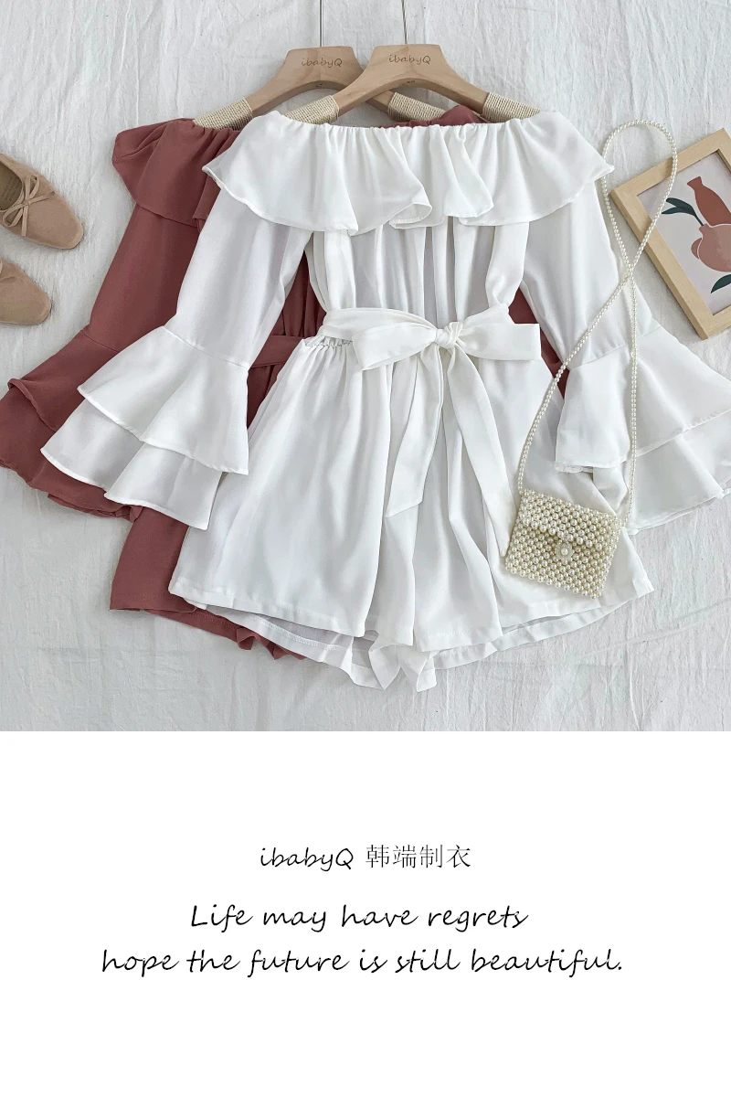 

Strapless Neckline Ruffled Waistband Flared Sleeve Jumpsuit Wide-leg Pants Casual Pants 2021 Summer New Style