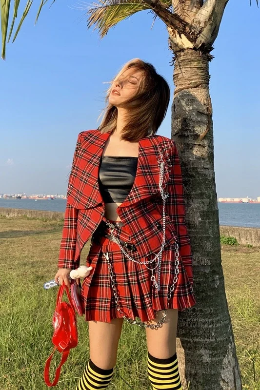 

modern Hot Girls autumn punk red plaid JK suit Metal Chain Pink Jacket and Skirt 2pcs Set