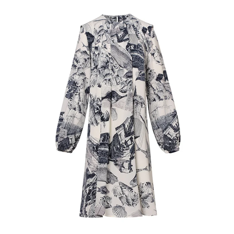 

Summer Dress For Women Pleated Round Neck Female Skirt Long-Sleeved Ink Painting Loose-Fitting Belt Waist Big Swing Women Dress