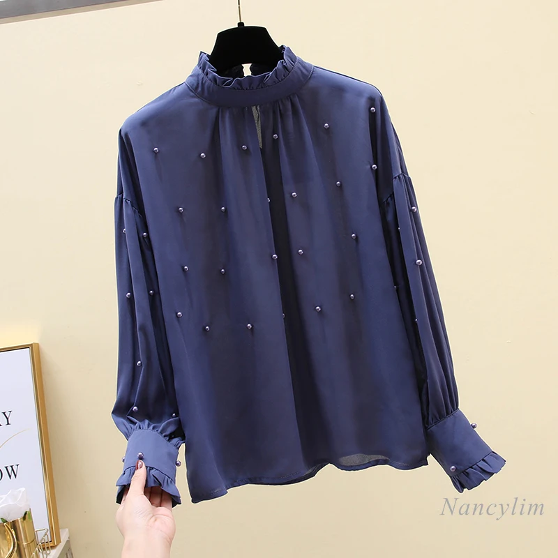 

Женская блузка с воротником-стойкой, новинка, шифоновая рубашка с бусинами, женские универсальные Топы с длинным рукавом, синие блузки, модн...
