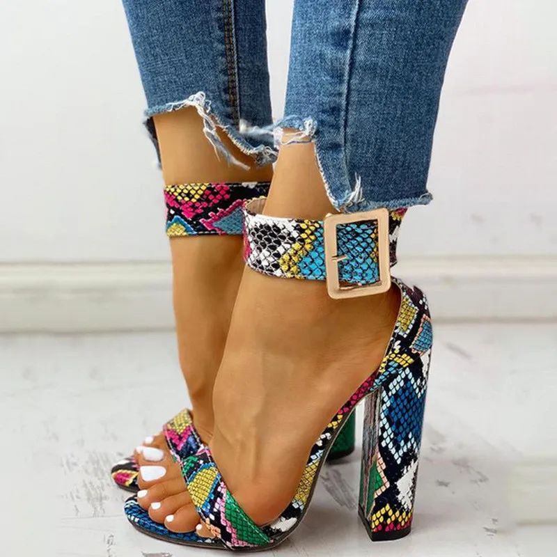

Fashion Colour Serpentine Women Shoes Peep Toe 11cm High Heels Sandals Summer Party Shoes PU Ankle Buckle Sandals Pumps