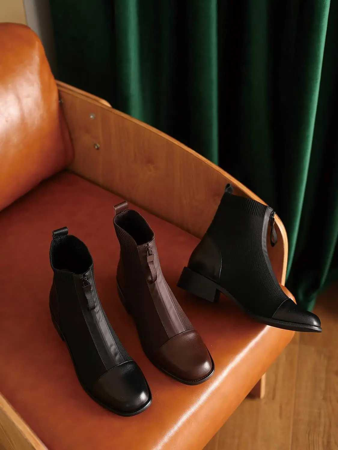 

Krazing pot knitting boots real leather stretch zipper decorations square toe thick med heel maiden pretty girls ankle boots L66