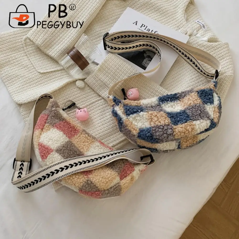 

Fashion Lattice Printing Travel Shoulder Crossbody Bag Women Casual All-match Large Capcity Zipper Wool Dumplings Handbags