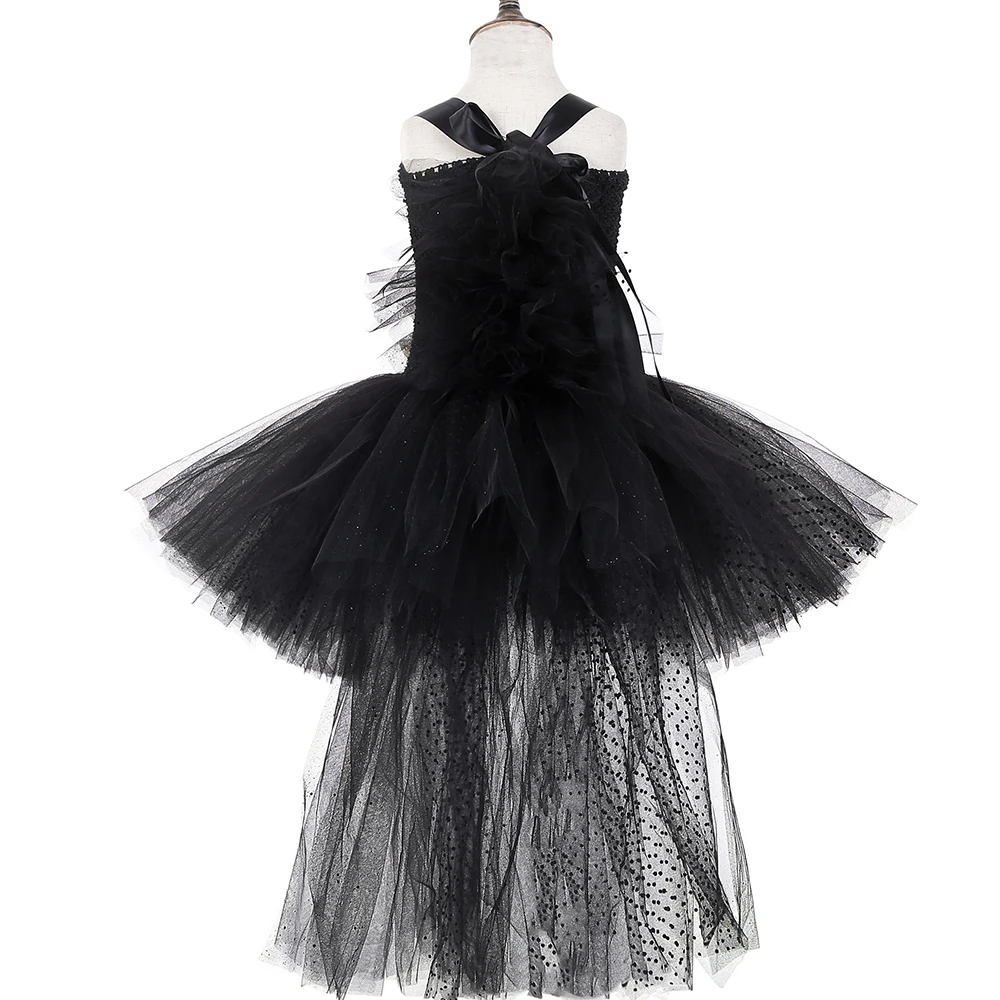 Черное платье-пачка для девочек со шлейфом золотые цветы Тюлевое платье на