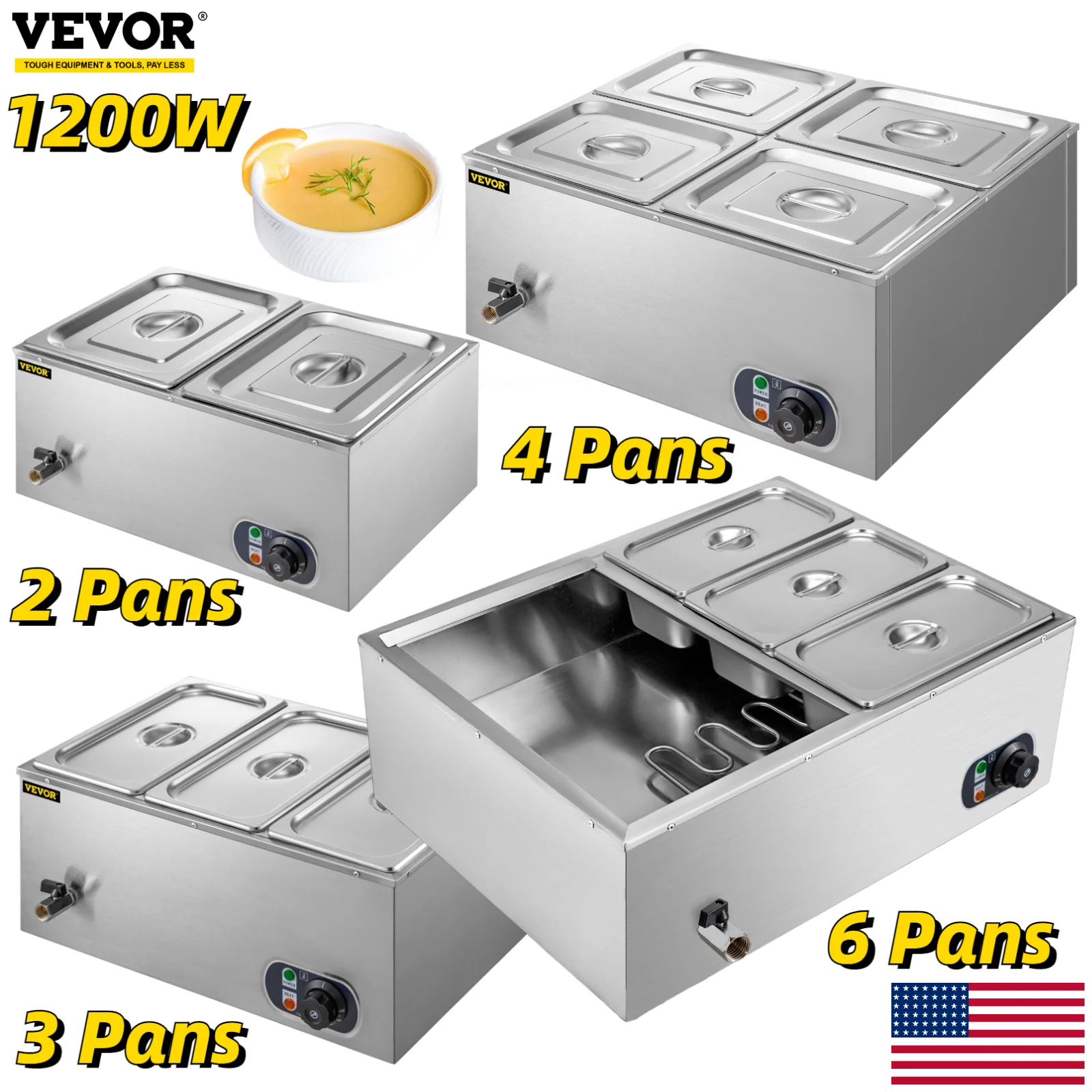 

VEVOR 2 3 4 6 Pans Electric Food Warmer Commercial Stainless Steel Pan Catering Bain-Marie Buffet Steam Table Cooking Appliance