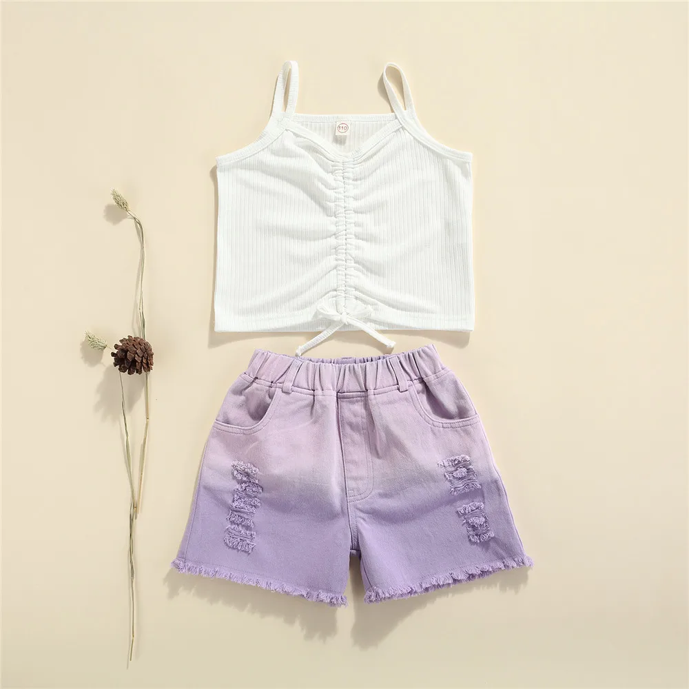 

Летние комплекты для маленьких девочек от 18 месяцев до 6 лет, однотонные майки без рукавов с кулиской + фиолетовые джинсовые шорты с градиент...