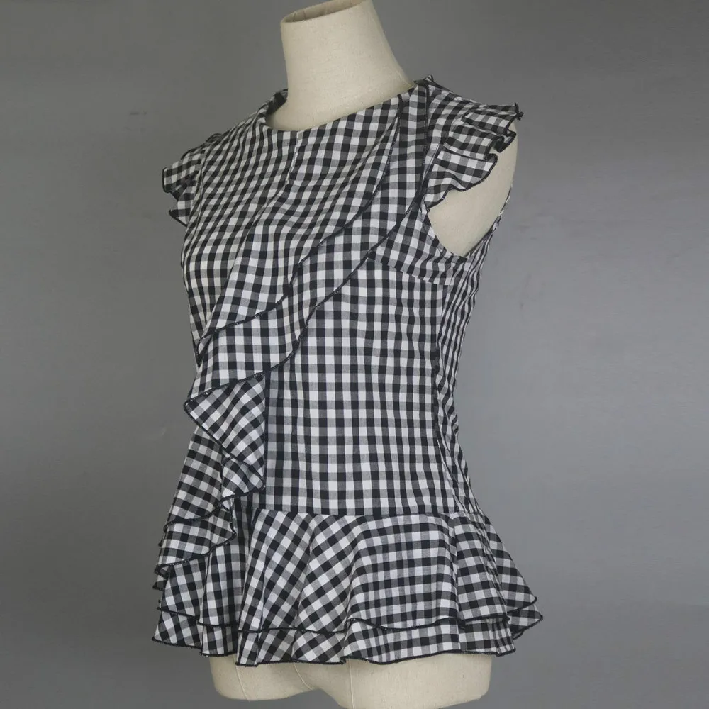 Женская летняя блузка без рукавов топы рубашки с оборками винтажная в мелкую