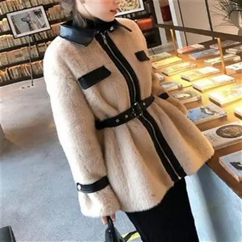 

Winter new puskin stitching imitation mink velvet waist small man short leather wool one plush jacket women