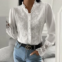 women patchwork embroidery flower lace blouse office lady stand collar ruffle shirts spring autumn long sleeve button tops