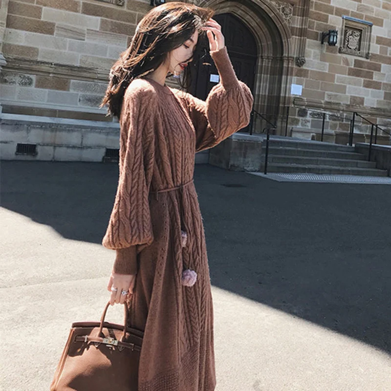Зимнее платье Kawaii оверсайз вязаный свитер зимнее Макси свободное приталенное