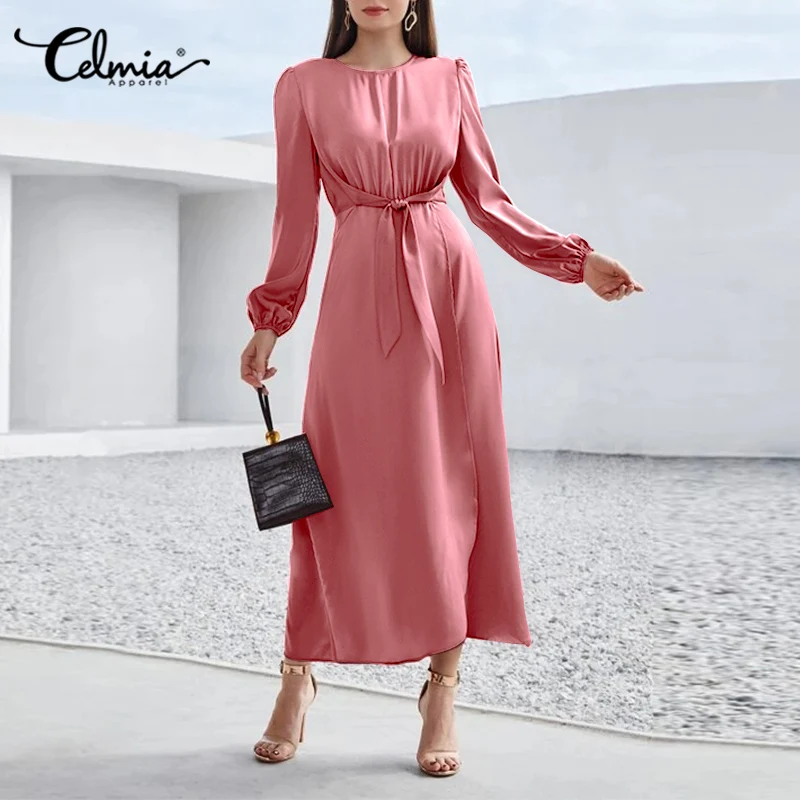 

2021 Fashion Women Satin Dress Celmia Casual Bandage Puff Long Sleeve Maxi Dress Solid Color Elegant Office Party Vestidos Robe