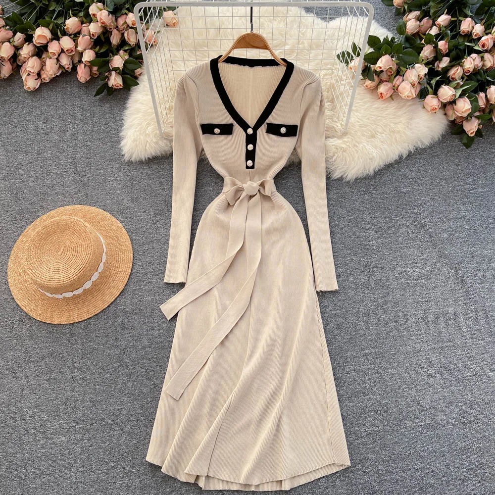 

VANOVICH Korean Style Sweet and Gentle Temperament Contrast Color Lace Knitted Dress 2022 Spring and Autumn New Woman Dress