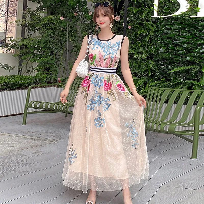 

Летнее дизайнерское новое женское элегантное праздничное фантастическое Сетчатое платье миди без рукавов с вышивкой, платье для отдыха на ...