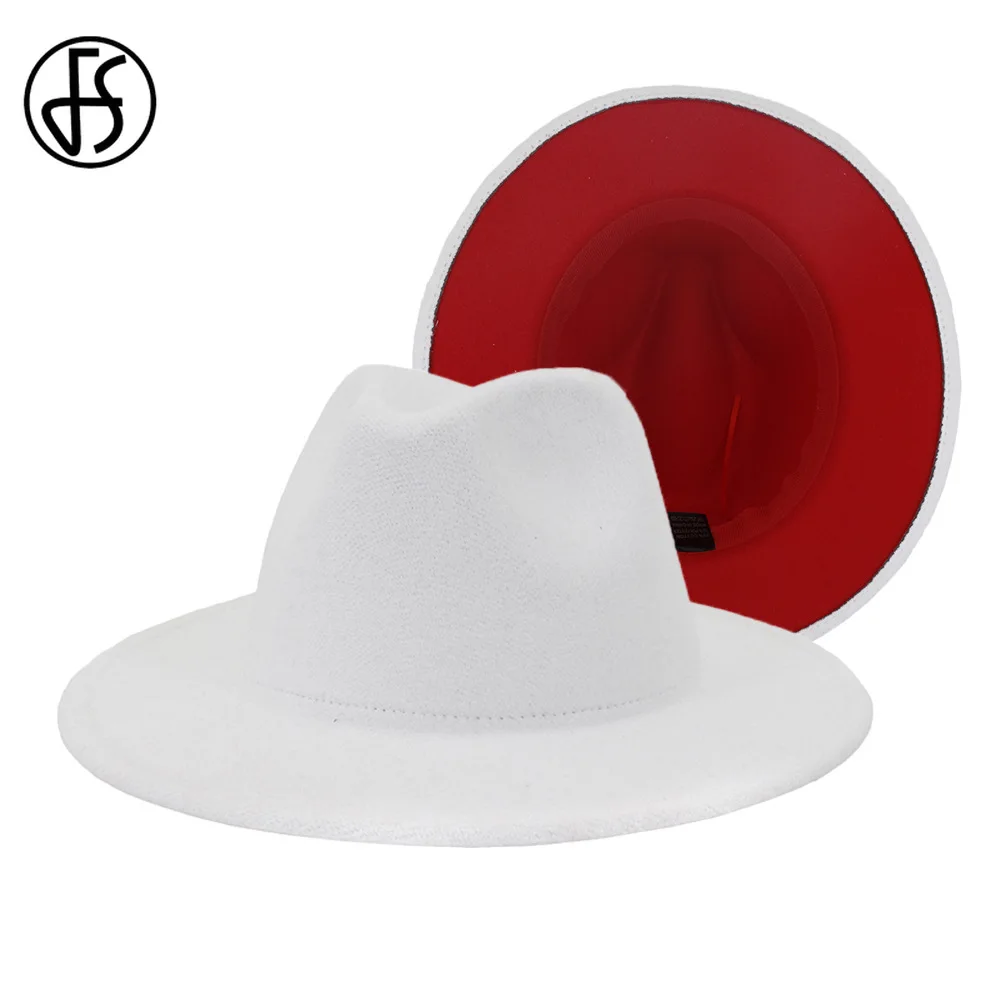 

FS 60CM White Red Patchwork Wool Felt Jazz Fedora Hat Women Wide Brim Panama Party Trilby Cowboy Cap Men Gentleman Wedding Hat