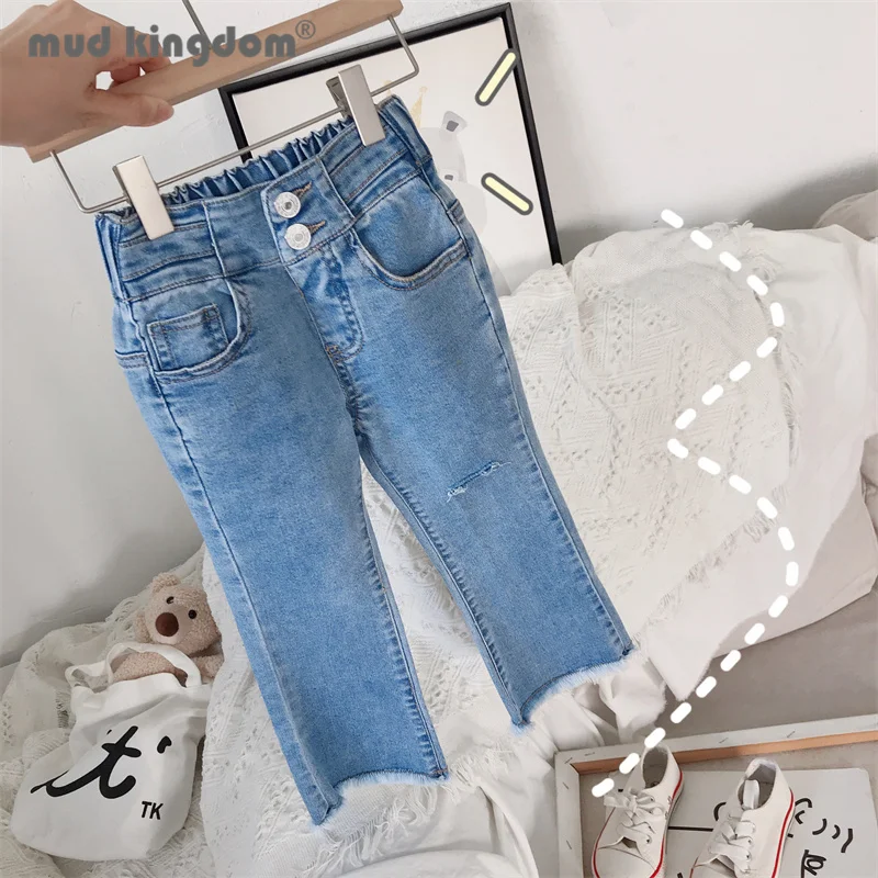 

Mudkingdom Girls Boot Cut Denim Pants Solid Ripped High Elastic Waist Casual Jeans for Girl Casual Slant Pocket Trousers Clothes
