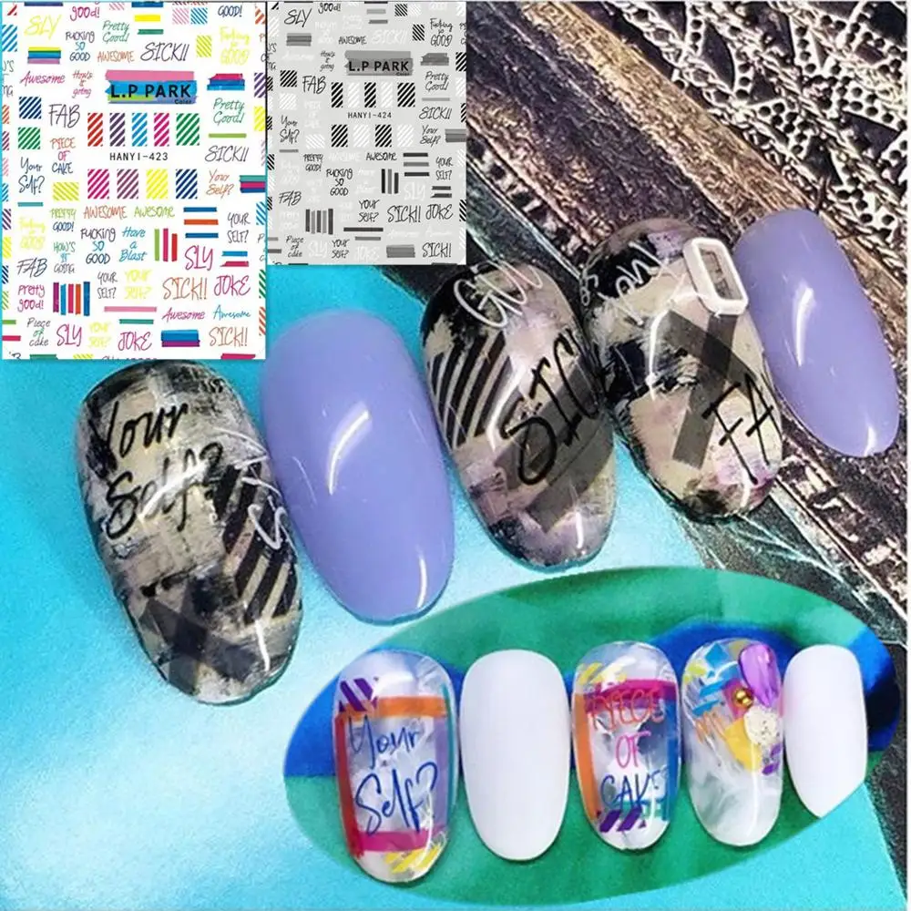 

Newest HANYI 423 424 color line and letter design 3D nail art sticker decal stamping back gule DIY nail decoration wraps