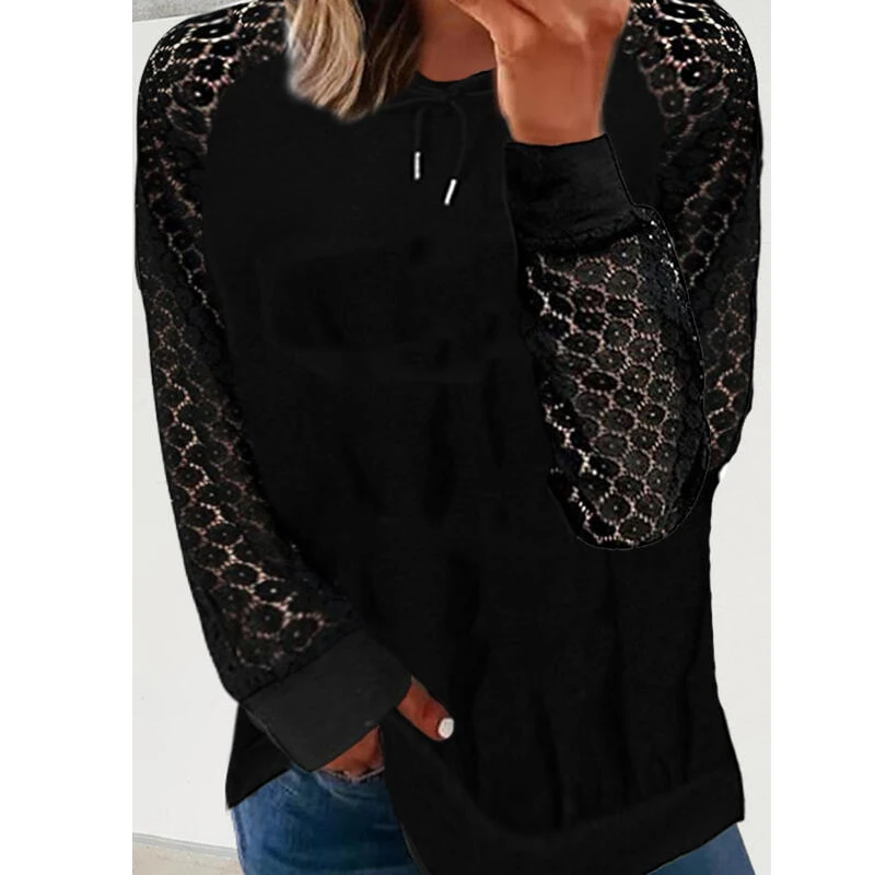 

2022 Spring Autumn Casual Fashion Solid Bow Floral Lace Long Sleeve O-neck Casual Loose Pockets Sweatshirts Tops Women Clothing