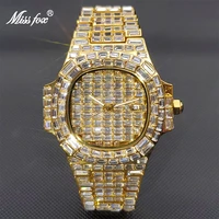relogio masculino de luxo 18k gold mens watch with wide strap full ice out baguette diamond square quartz watches dropshiping