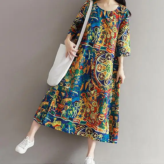 2020 весеннее женское винтажное длинное платье с круглым вырезом и принтом Vestidos De