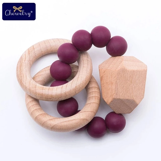 Purple Bracelet 1 шт., детский браслет Teethe Woden, Ювелирное Украшение из бука, деревянное кольцо, персонализированные детские силиконовые бусины, детская коляска-погремушка, Товары для детей - Цвет: Purple Bracelet