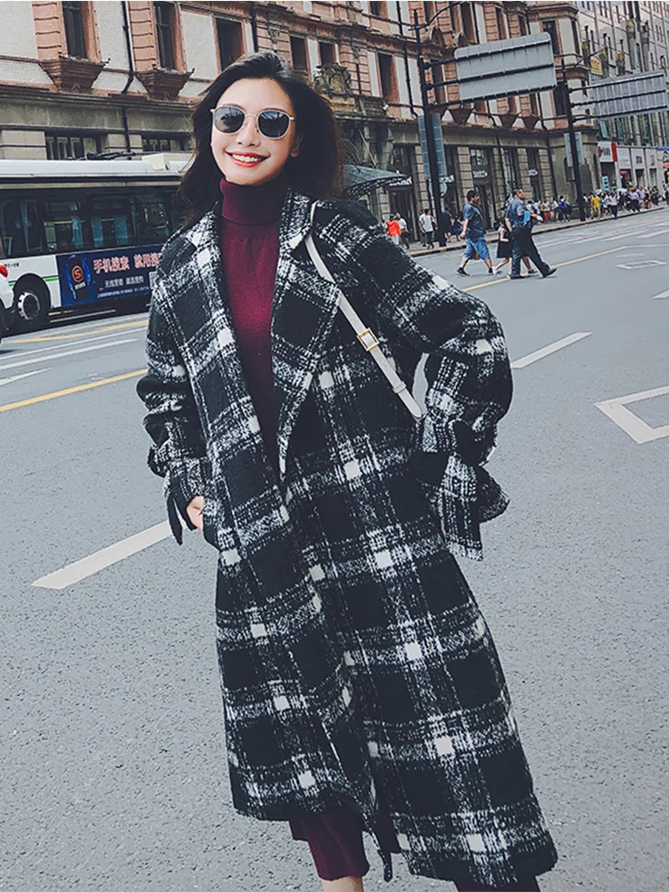 Клетчатое пальто для женщин осень и зима 2019 популярное длинное выше колена