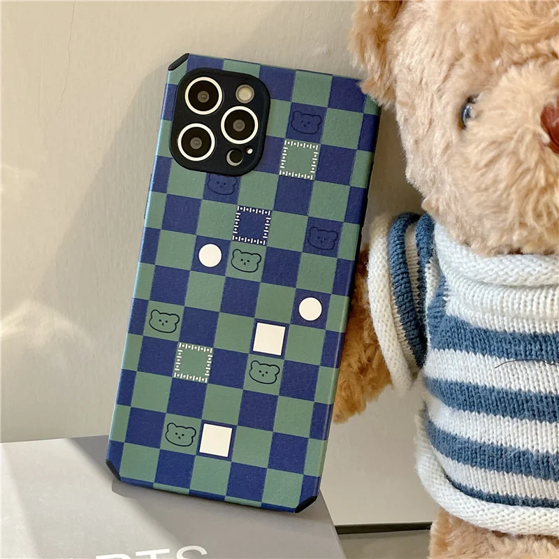 

Blue checkerboard bear Apple 13 / 12promax case XR for iphone11 / XS soft 78plus
