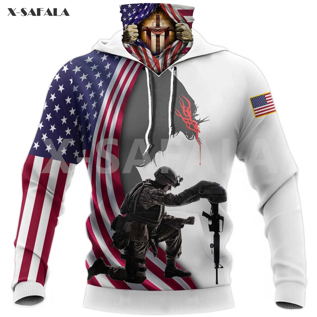 

Veteran Army God Jesus USA Flag 3D Printing Face Mask Neck Warm Hoodies Zipper Man Unisex Harajuku Outwear Pullover Sweatshirt