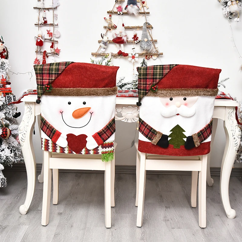 Cartoon Red Plaid Linen Santa Snowman Deer Christmas Chair Cover Kitchen Table Covers Happy New Year Party Decor | Дом и сад