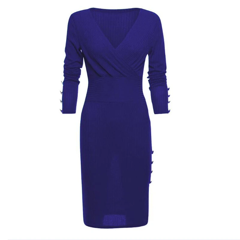 

New Women Spring Autumn Dresses Long Sleeve Deep V Neck Sexy Dress Ladies Buttons Solid Color Mini