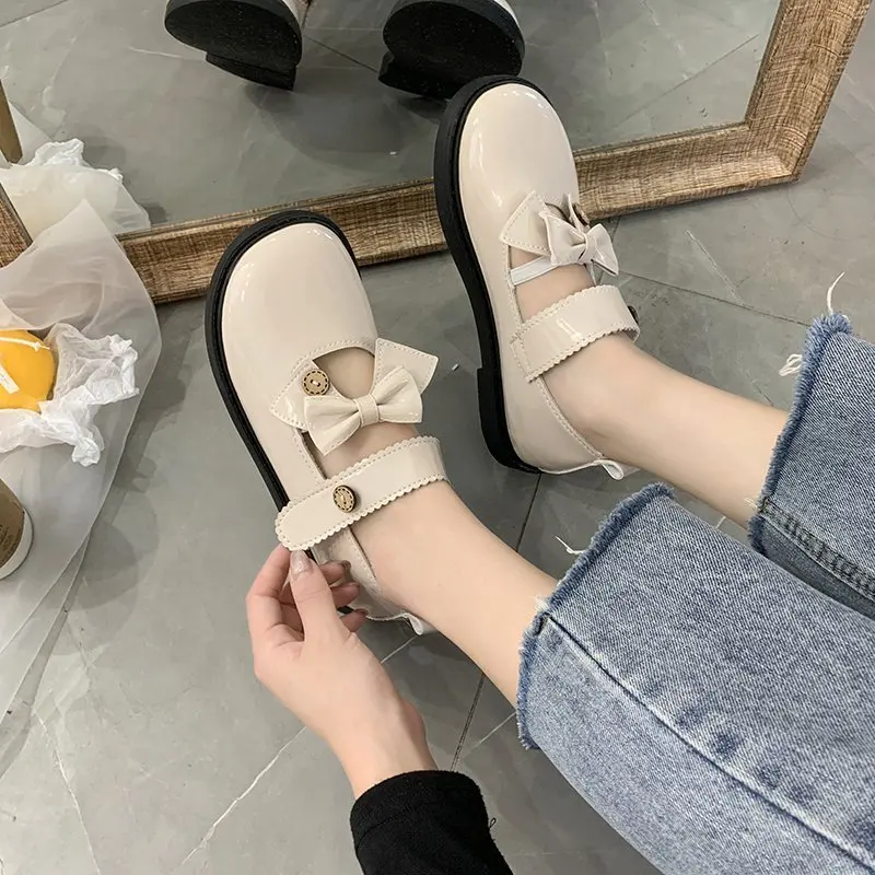 

Casual Woman Shoe Oxfords Soft Bow-Knot Modis Round Toe Female Footwear Black Flats British Style Retro Leather Butterfly 2021 D