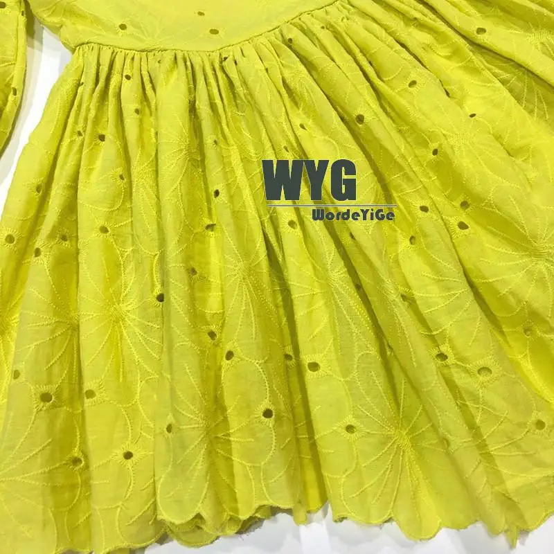 

High Quality Yellow Embroidery Dresses 2020 Spring Designer Wear Hollow Out Lantern Sleeve Vintage Women Clothing