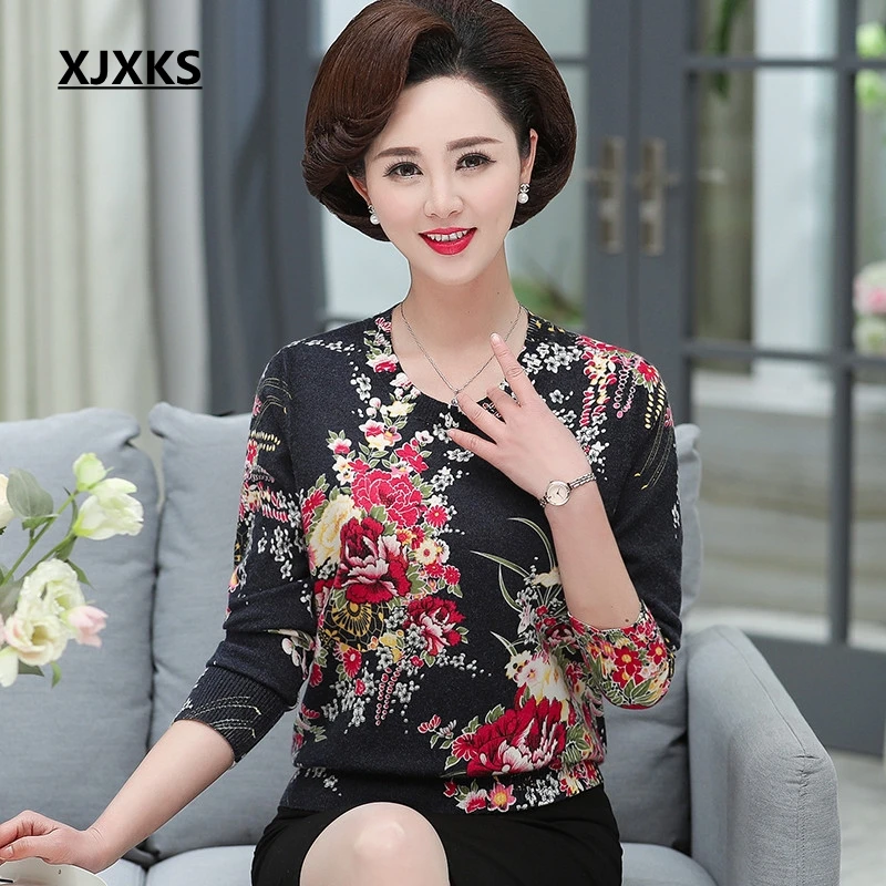XJXKS Sweater Women 2020 Autumn Winter Plus Size Jumper New Flower Printed Loose Pullover Knitted Sweaters | Женская одежда