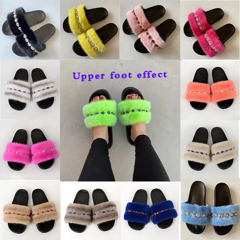 

Summer Ladies Slippers Real Luxury Mink Designer Slides Furry Outdoor Open-Toed Slippers Home Crystal Flat Casual Shoes