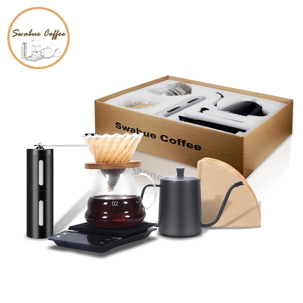 Swabue-m&aacute;quina de caf&eacute; V60 con gotero, juego de macetas de cristal, b&aacute;scula electr&oacute;nica con temporizador, Mini Molinillo, 4/5 uds.-0