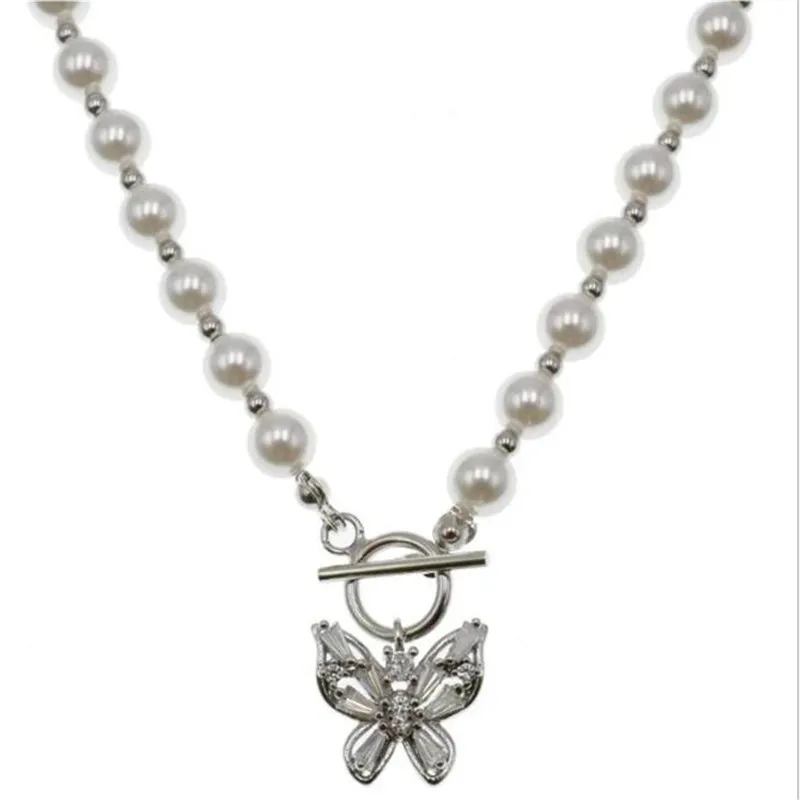 

YIKUF88 2021New S925 Sterling Silver Pendant Women Pearl Necklace Zircon Pearl Butterfly Necklace Female Silver Chain