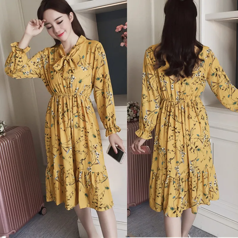 

2020 Summer Chiffon Dress Elegant Women Bow Pleated Long Sleeve Office Dresses Midi Beach Party Dress Yellow White Red Vestidos