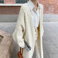 sweet sweaters white retro women chic knitted casual solid autumn cardigans korean thicken long feminine tops soft knitwear 2021