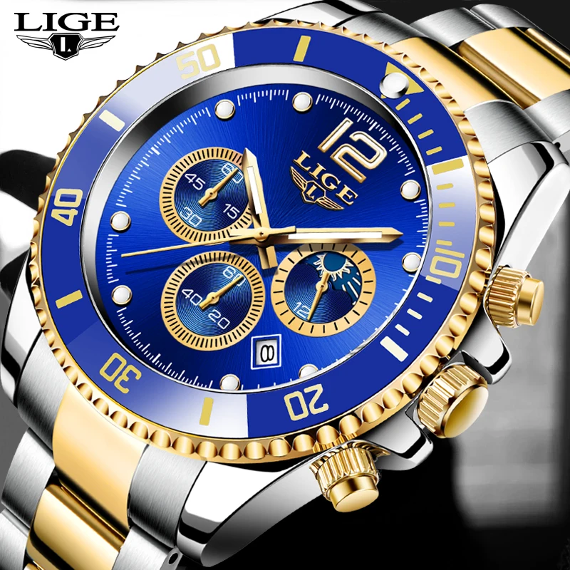 Часы наручные LIGE Мужские кварцевые с хронографом роскошные деловые