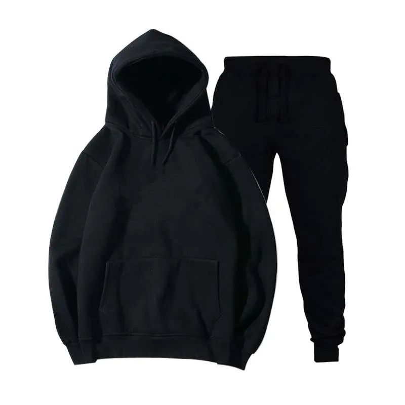 

Men's hooded solid color Pullover suit sports two piece set