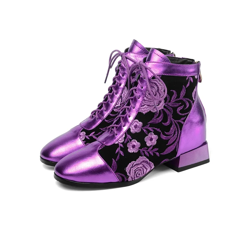 Модные женские ботильоны из коровьей кожи на среднем каблуке в стиле ретро