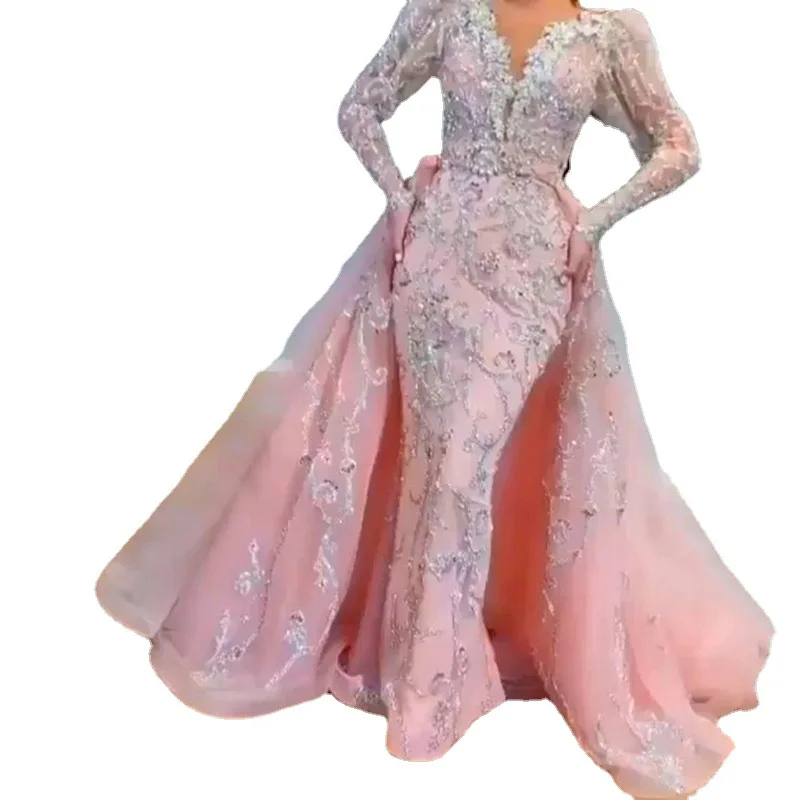 

2021 Autumn New Fashion Sexy Package Hips Trumpet Long Evening Dress Pink Sequined V-neck Dresses for Women Donsignet