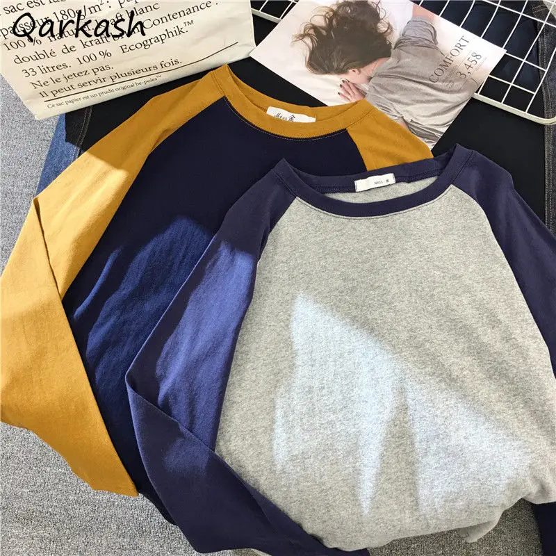 

Patchwork T-shirts Women Long Sleeve 3 Colors Loose Couple O-neck Vintage Tops Tees Students Fashion Ins Spring Simple Popular