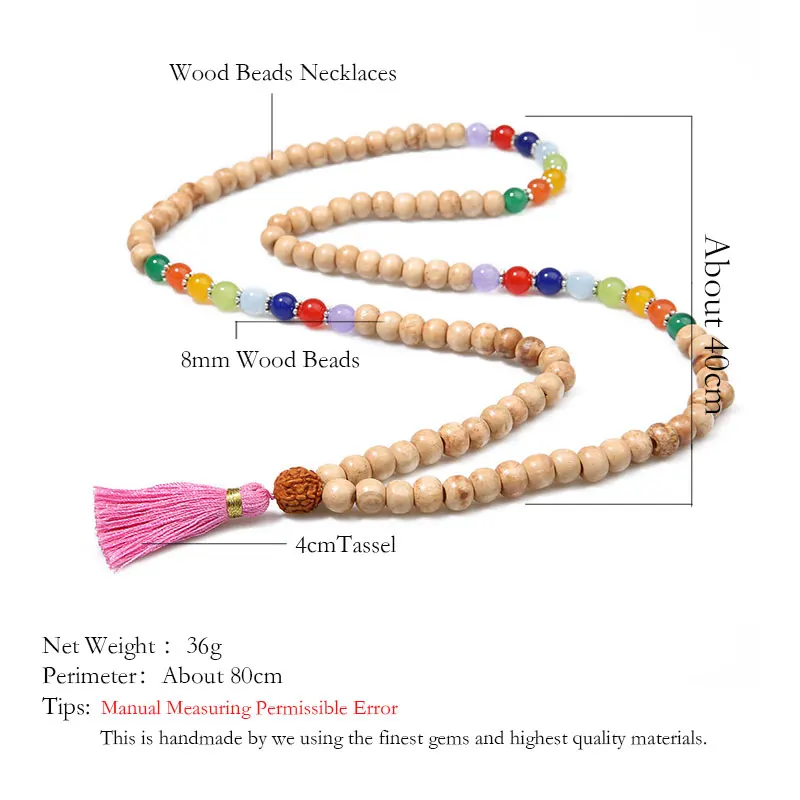 

8MM Wooden Beads 7 Chakras Natural Stone Handmade Beaded Party Anniversary Prayer Meditation Declaration Tassel Pendant Necklace