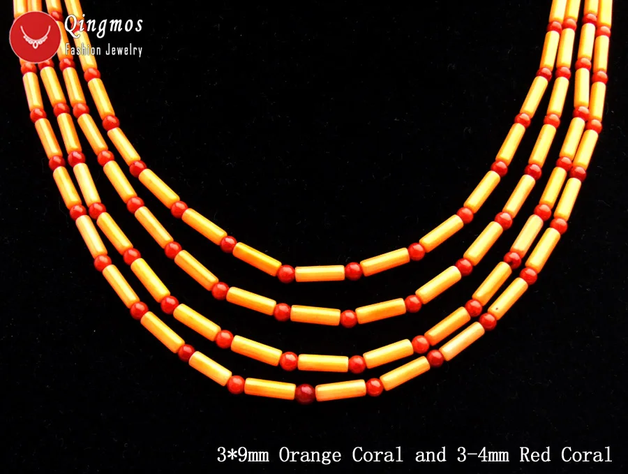 Qingmos 3*9mm Thick Slice Natural Orange Coral Necklace for Women with 3mm Red Jewelry 4 Strands Chokers 17'' | Украшения и