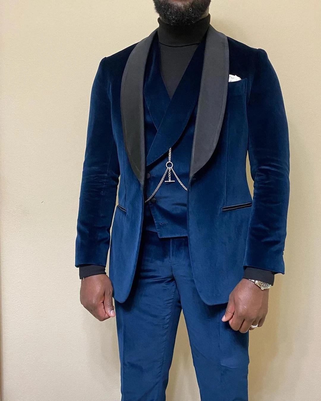 Costume Dark Blue Velvet Men Suits 3 Pc Wedding Groom Tuxedos One Button Terno Masculino Slim Fit Prom Black Shawl Lapel Blazer