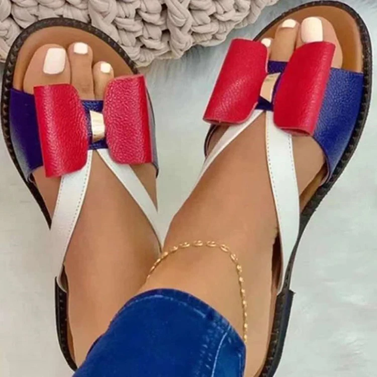 

Fashion casual bow knot open toe round head flat bottom 2021 summer new style outdoor large size women's slippers