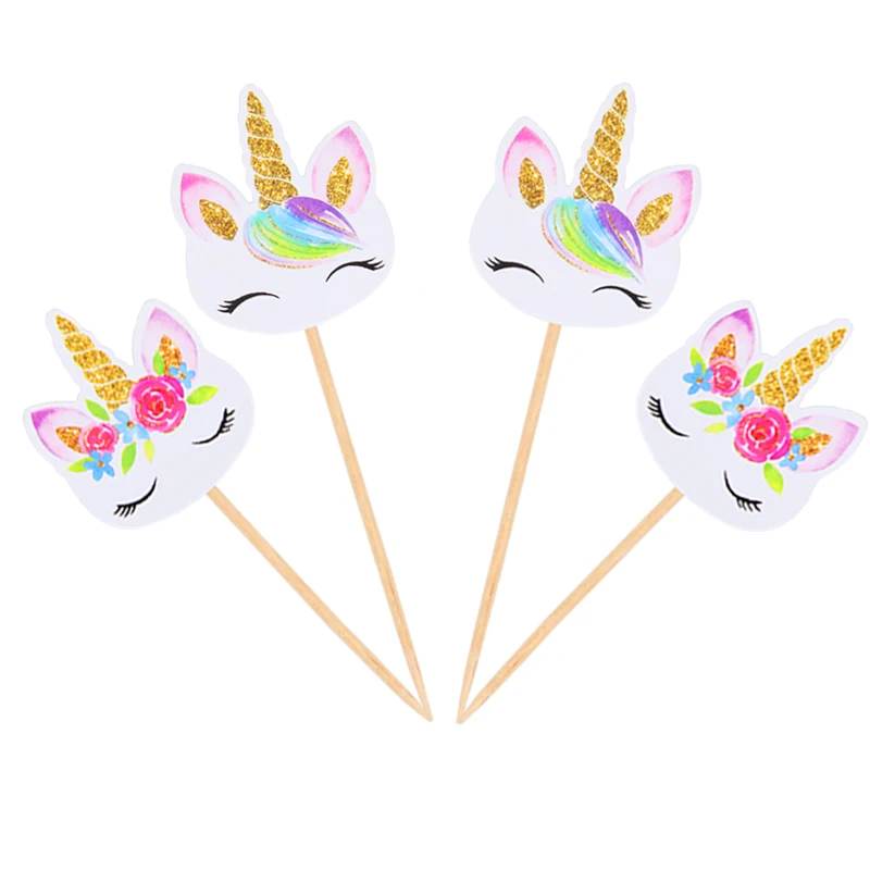 cake topper 24pcs 10 шт./лот, одноразовые чашки/тарелки в виде цветов единорога, вечерние принадлежности в виде единорога, декор для дня рождения, одноразовая посуда для детского душа - Цвет: cake topper 24pcs